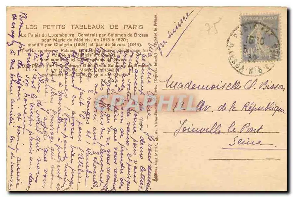 Palácio do Luxembourg — Paris — editor Mona, número de série não visível - Verso