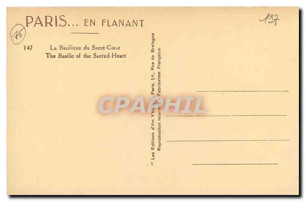 Basílica del Sagrado Corazón — París — Éditions d'Art Yvon, n°147 - Reverso
