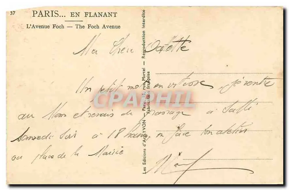 Paris... em passeio — A Avenida Foch — Éditions d'Art Yvon - Verso