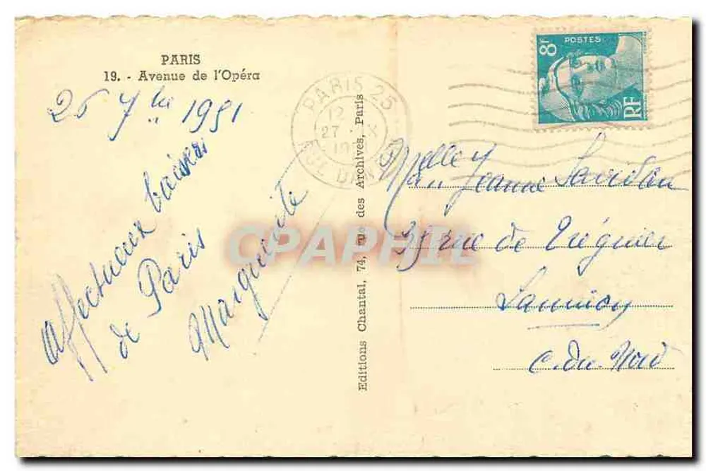 Place de l'Opéra — Paris — Edições Chantal, n°508 - Verso