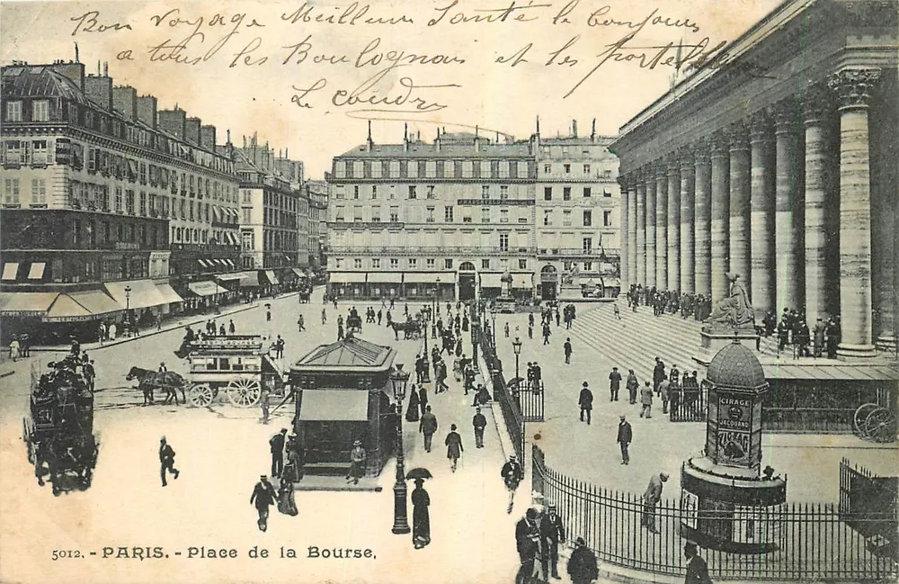Paryż - Plac Bourse — widok na Bourse i Cirque d'Écoulange — wydawca nieznany, n° 5012 - Awers
