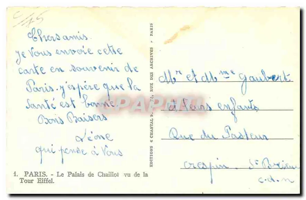 Palácio de Chaillot — vista da Torre Eiffel — Éditions Chantal - Verso