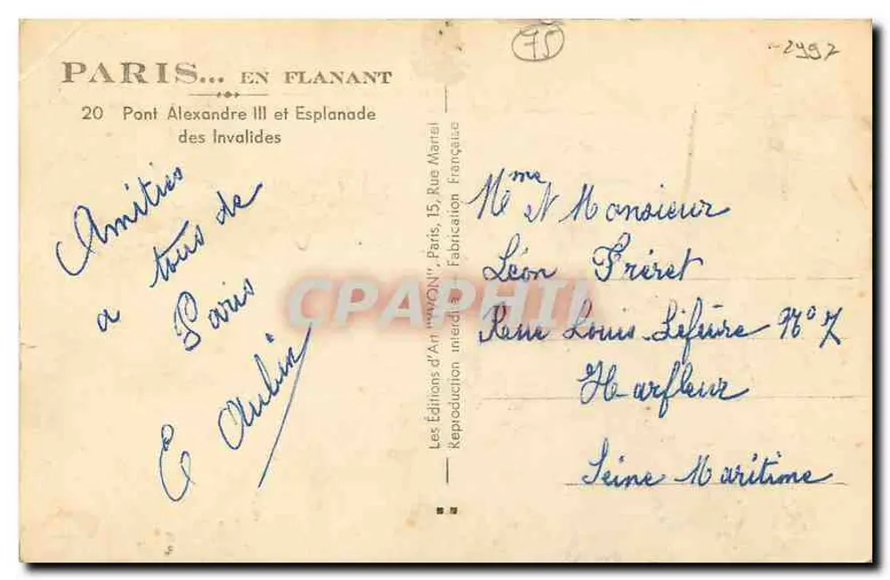 Paris — Pont Alexandre III und Esplanade des Invalides — Éd. Elys' Postes - Rückseite