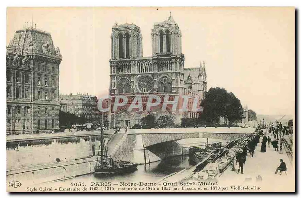 Paris - Notre-Dame - Quai Saint-Michel — Estilo Ogival, construída 1163-1315, restaurada 1845-1867 por Lassus e 1879 por Viollet-le-Duc — Editor E.D. n°4051 - Frente