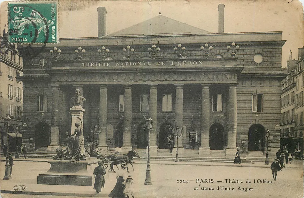Paris — Théâtre de l'Odéon et statue d'Émile Augier — Éditeur E.D. - Frente