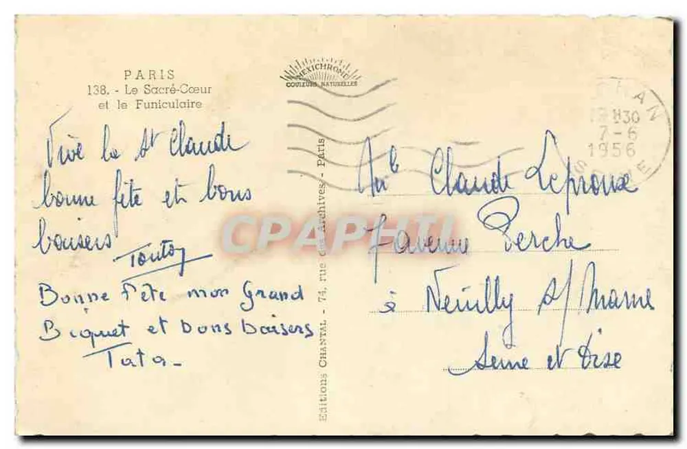 Le Sacré-Cœur à Paris — vue avec le funiculaire — éditeur Chantal, n°138 - Verso