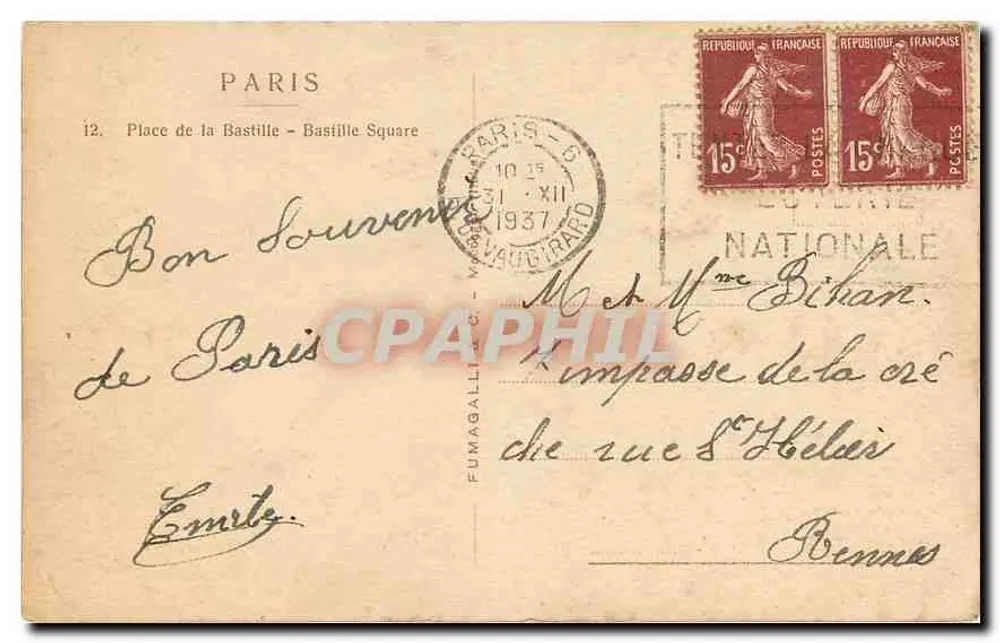 Place de la Bastille — Colonne de la Bastille — éditeur FUMAGALLI - Verso