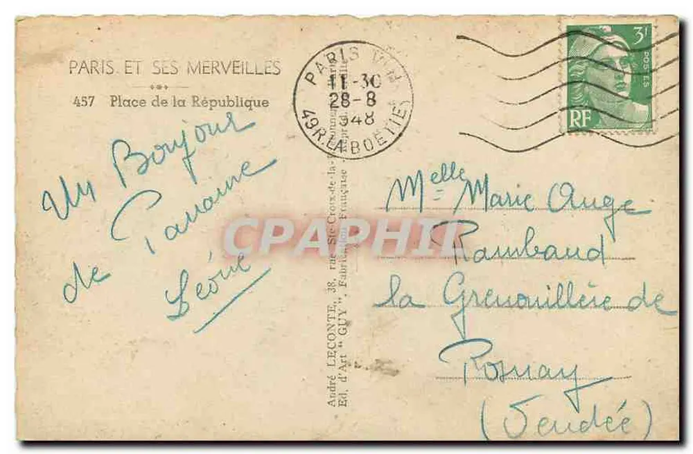 Place de la République — Paris — éditeur Guy, n° 457 - Verso