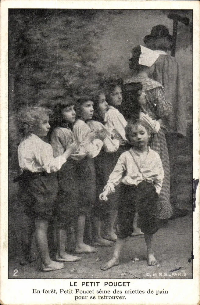 Le Petit Poucet — En forêt, Petit Poucet sème des miettes de pain pour se retrouver — C. et R.S. PARIS, n°2 - Recto