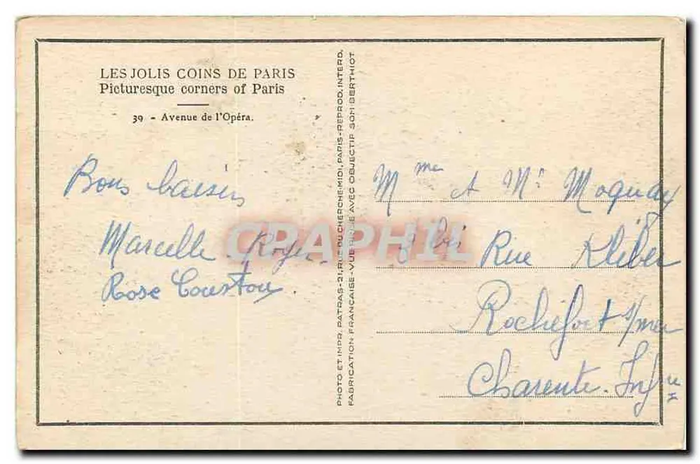 Place de l'Opéra — Paris — Éditeur Patras, n°39 - Verso