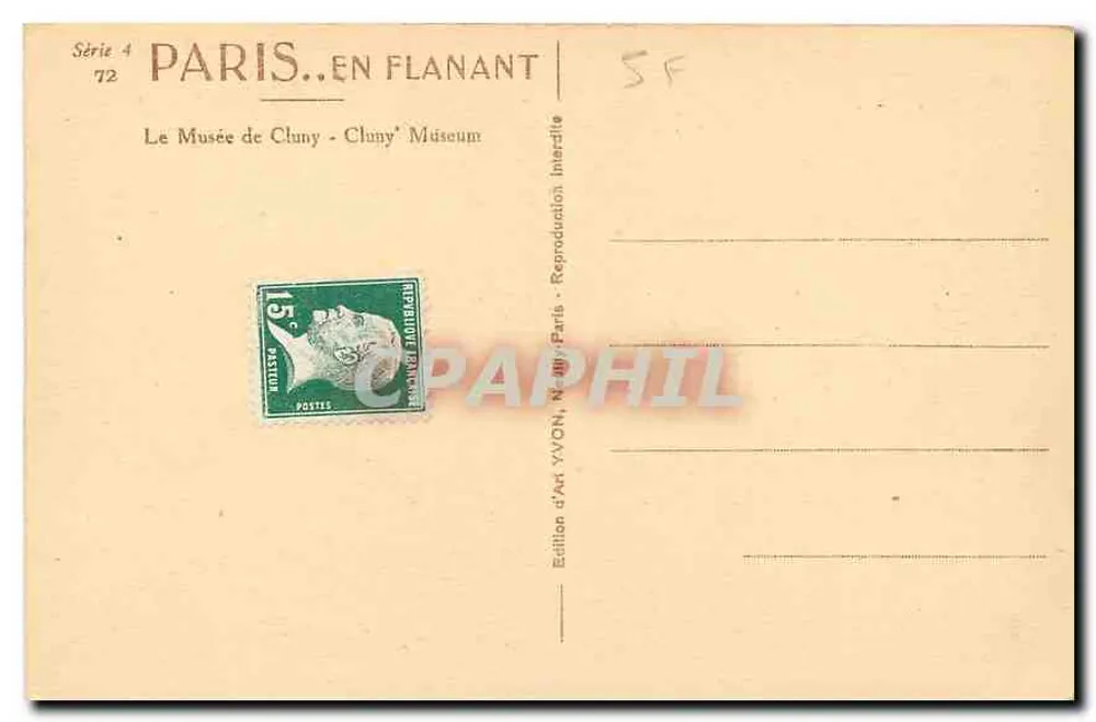 Le Musée de Cluny — Paris — Édition d'Art Yvov, série 72 - Verso