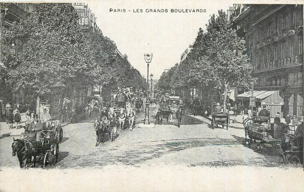 Paris - Les Grands Boulevards — vista animada com carruagens e pedestres — editor não visível - Frente