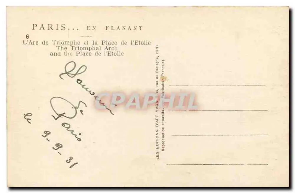 Arc de Triomphe — Place de l’Étoile — Éditions D’Art Yvon, Paris - Verso