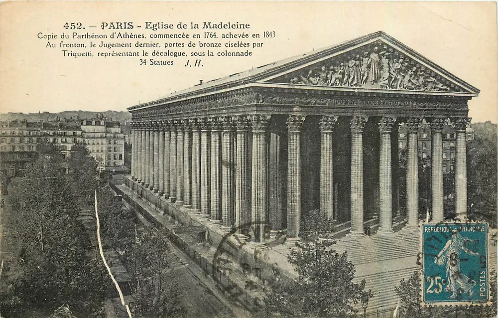 PARÍS - Iglesia de la Madeleine — Copia del Partenón de Atenas, iniciada en 1764, terminada en 1843 — editor desconocido, n° 452 - Anverso