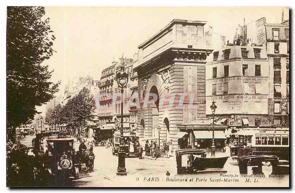 Paris - Boulevard e Porta Saint-Martin — Fototipia Marcel Delbey, Bordeaux - Frente
