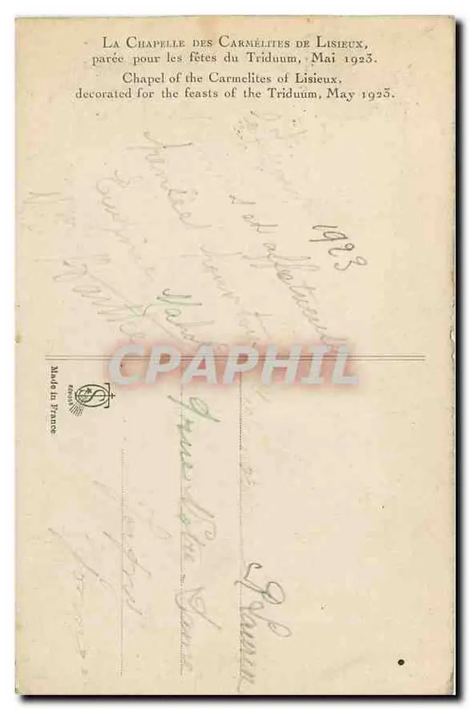 A Capela das Carmelitas de Lisieux — decorada para as festas do Triduum, Maio 1923 — editor não visível - Verso