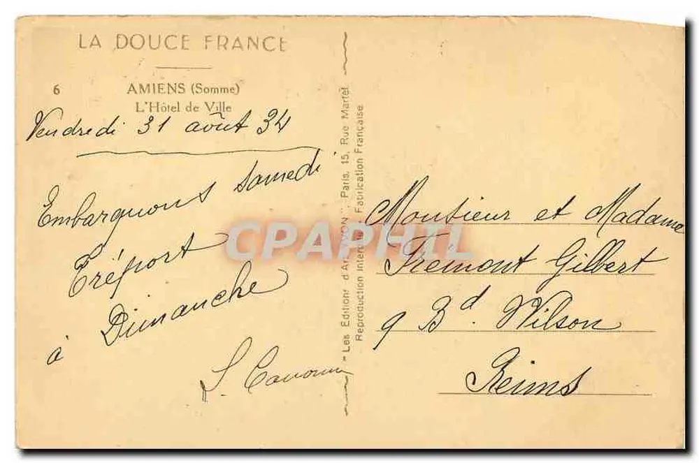 Hôtel de Ville de Amiens — Amiens (Somme) — Éditions d'Art Maréchal - Verso