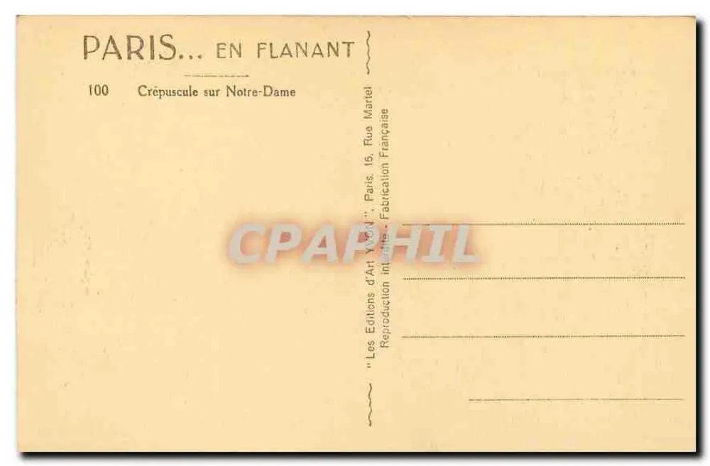 Paris... em Flanant — Crepúsculo sobre a Notre-Dame — Éditions d'Art YVON, n°100 - Verso