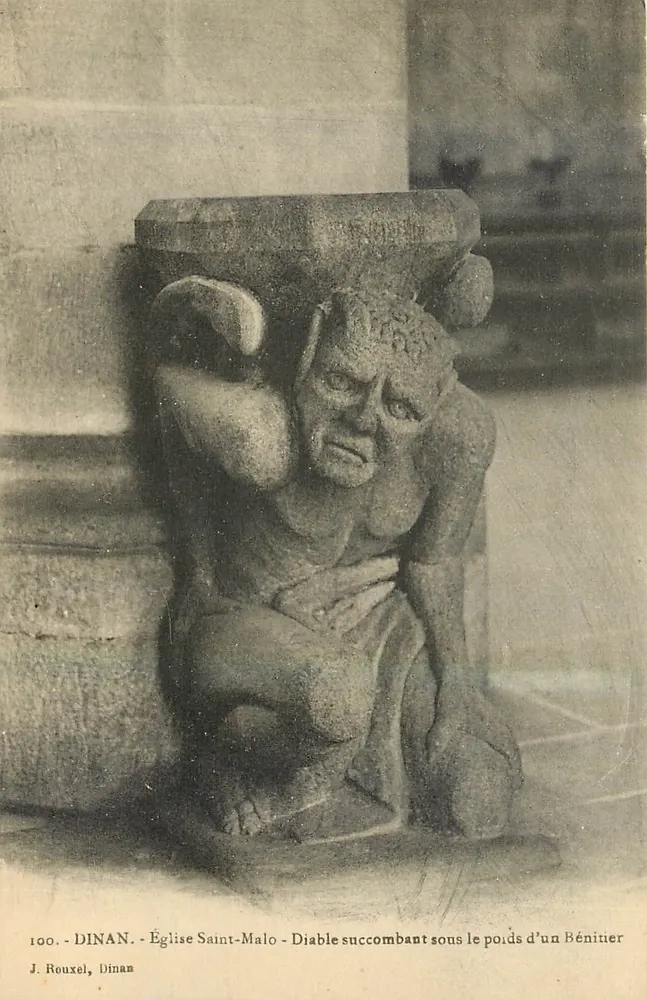Dinan - Igreja de São Malo - Diabo sucumbindo sob o peso de um bénizero - J. Rouxel, Dinan - Frente