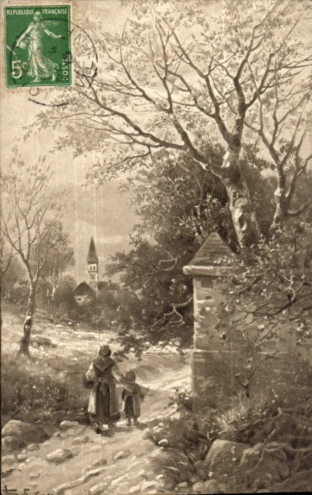 Escena de aldea — mujer y niño en un camino — editor Imager, serie 0221/2 - Anverso