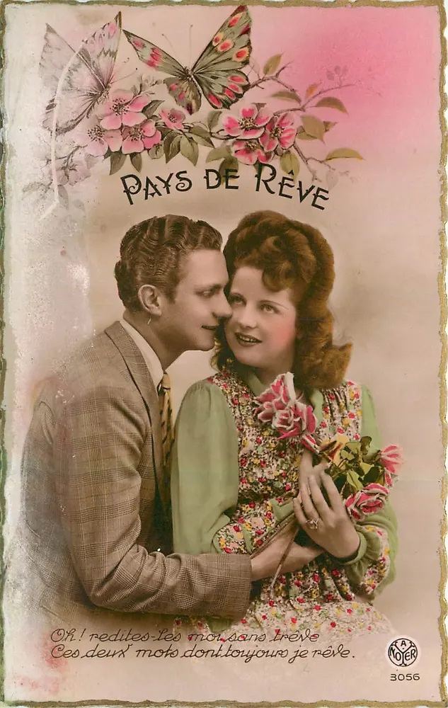 Pays de Rêve — couple amoureux sous fleurs et papillons — éditeur RAP NOJER n°3056 - Recto
