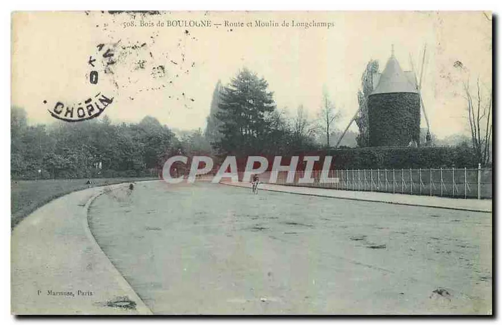 Bois de Boulogne — Route et Moulin de Longchamps — P. Marmuse, Paris - Recto