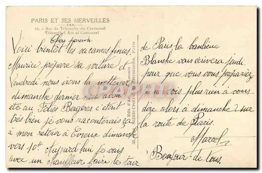 Arc de Triomphe du Carrousel — Paris — Éditeur : Sainte-Croix-de-Prisonnière, n°15 - Verso