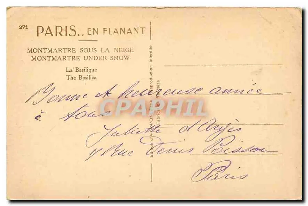 Montmartre unter Schnee — Die Basilika — Éditeur d'Art Français n°271 - Rückseite