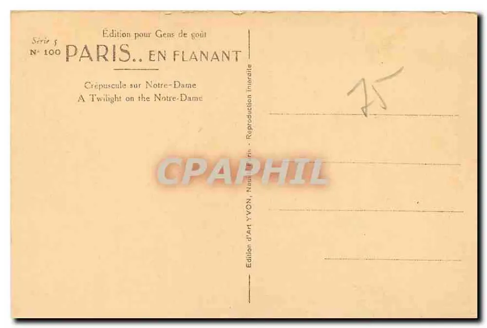 Crepúsculo sobre Nossa Senhora de Paris — Paris — Edição d'Art YVON, N° 100 - Verso