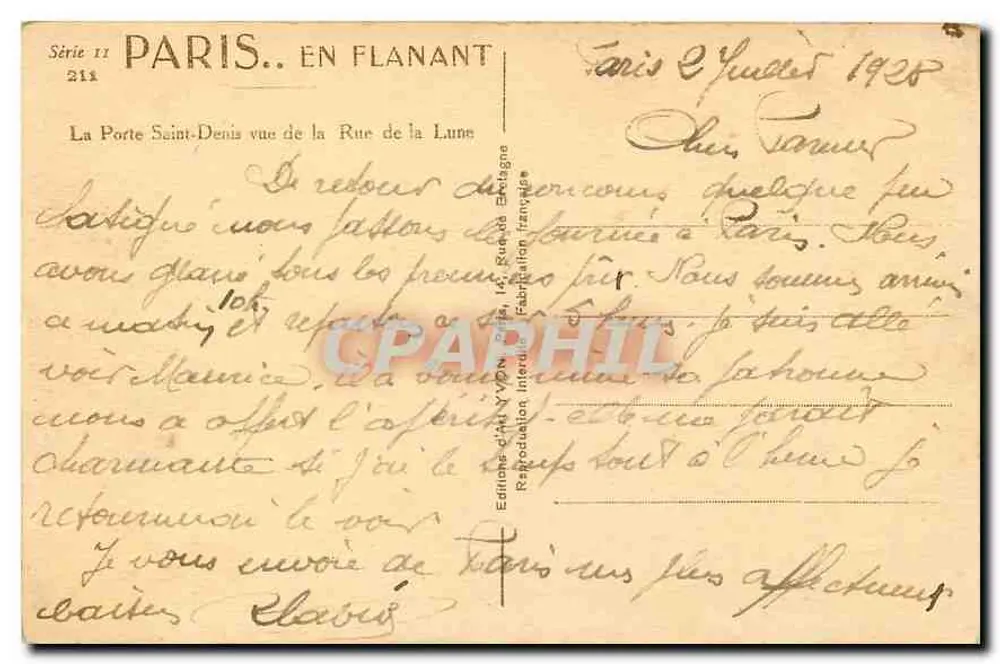 Paris. Spaziergang — Ansicht der Porte Saint-Denis von der Rue de la Lune — Éditions d'Art Yvon - Rückseite