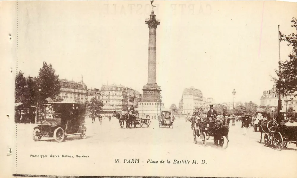 Paris - Praça da Bastilha — coluna da Bastilha — Fototipo Marcel Delsany, Sorduas, n°18 - Frente