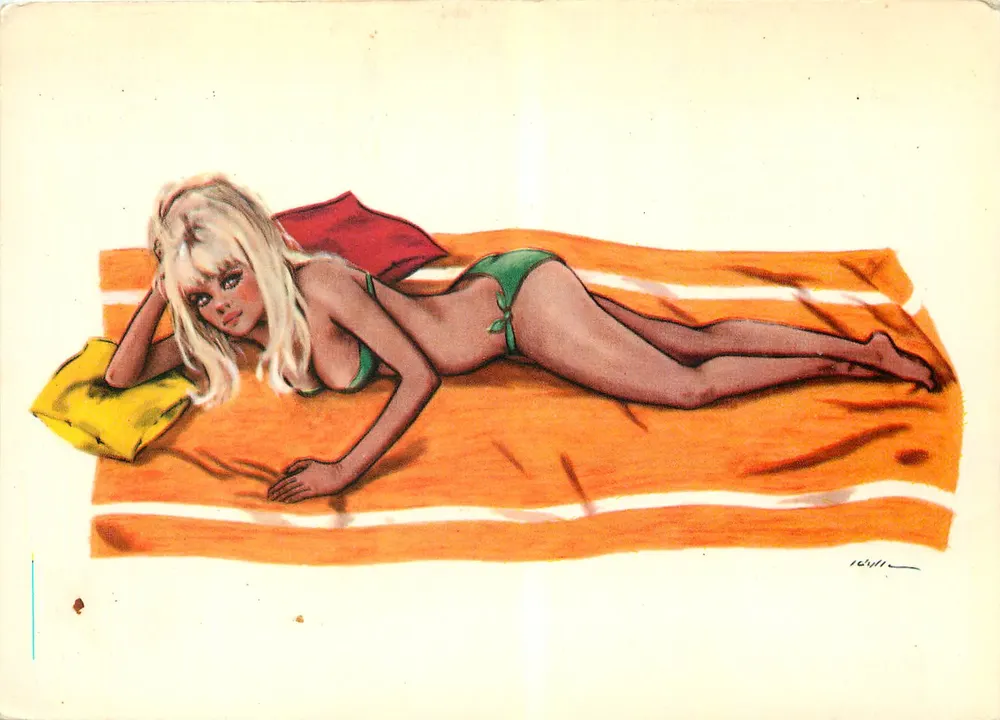 Mulher loira em maiô verde — praia — editor Mister Repre Milano, série 151/5 - Frente