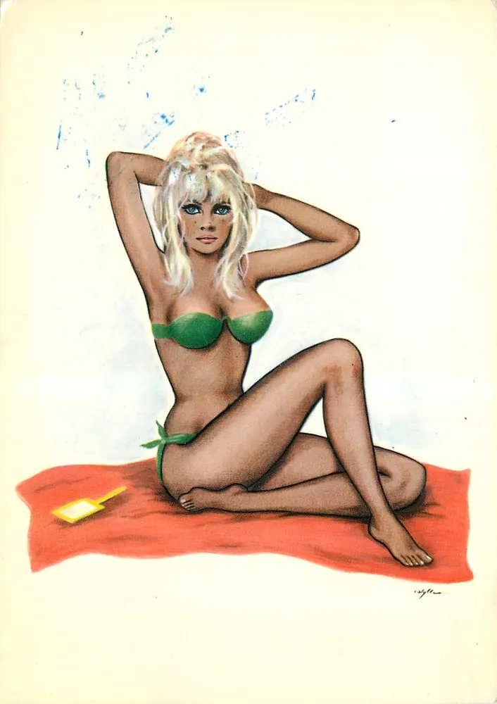 Mulher em maiô verde — praia — reprodução da série 151/3, editada em Milão - Frente