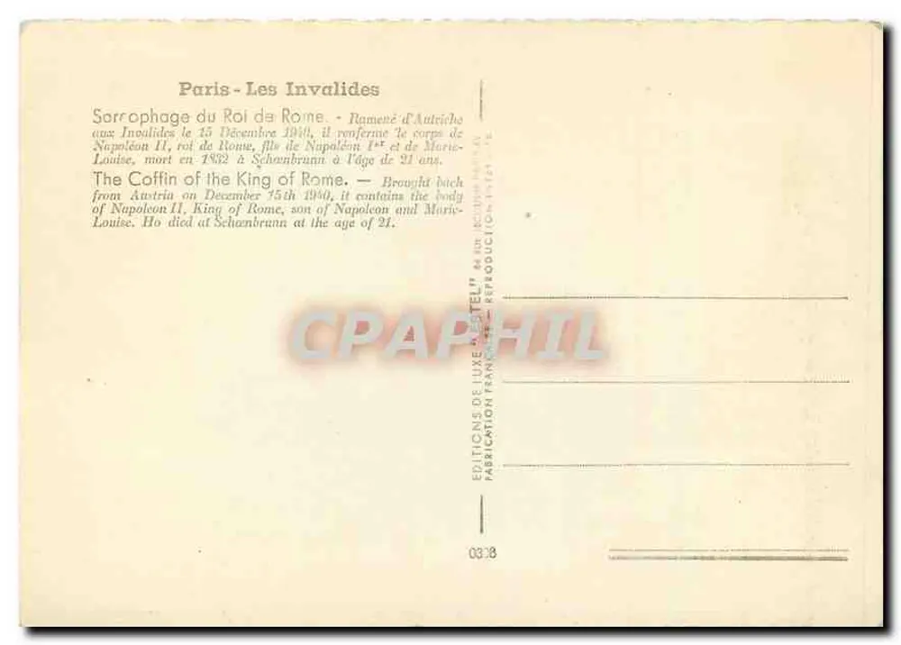 Caixão fúnebre de Napoleão II — Rei de Roma — Editor Estel, n° 0318 - Verso