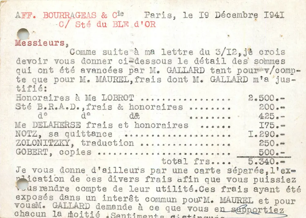 수수료 영수증 — 파리, 1941년 12월 19일 — 발행인 BOURRAGEAS & Cie - 앞면