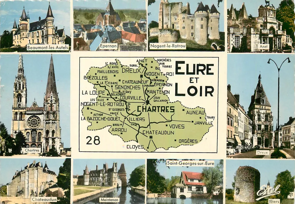 Eure-et-Loir — Touristische Ansichtskarte mit Karte und Ansichten von Orten — Éditeur Estel, n°28 - Vorderseite
