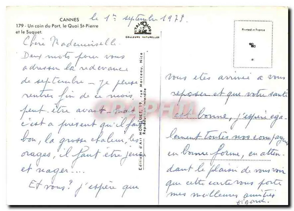 Cannes - Ein Stück des Hafens St-Pierre und der Suquet — Éditions d'Art Monquet, n°179 - Rückseite
