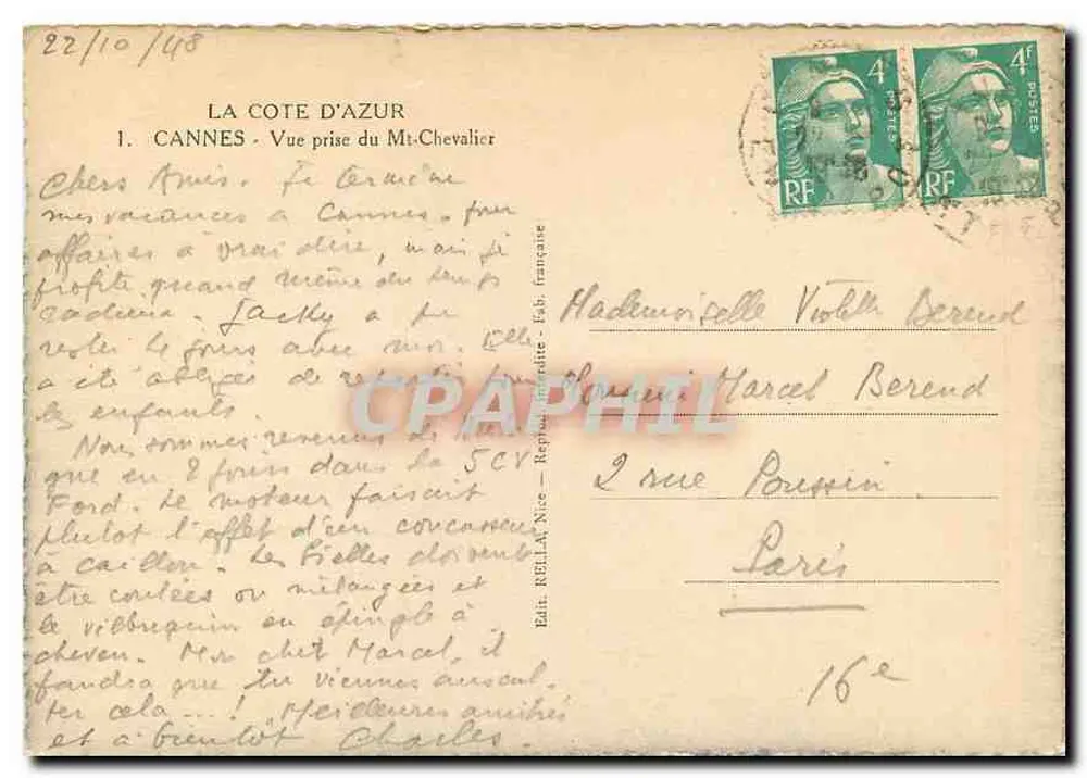 Cannes — Vue du Mt. Chevalier — Édit. Rella, Nice - Verso