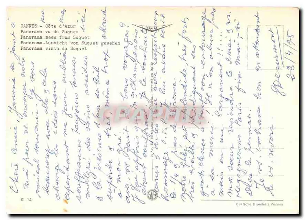 Cannes - Panorama visto do Suquet — Estátua do Cardeal Géblied — Editor Grafiche Biondetti Verona, n° C 14 - Verso