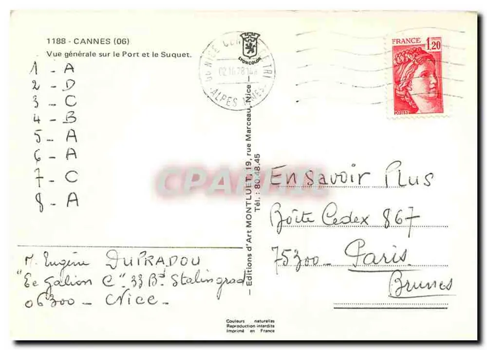 Vue générale sur le Port et le Suquet — Cannes (06) — Éditions d'Art Montluit, n°1188 - Verso