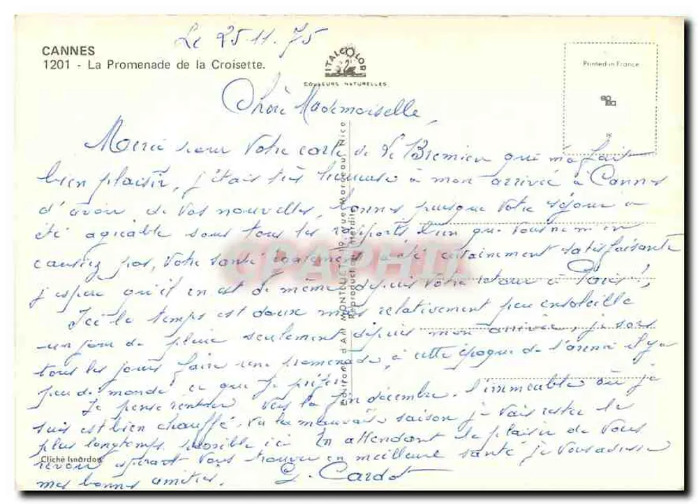 Cannes — Promenade de la Croisette — The Grand Hotel and Beach — Publisher Coupures Naturelles, No. 1201 - Back