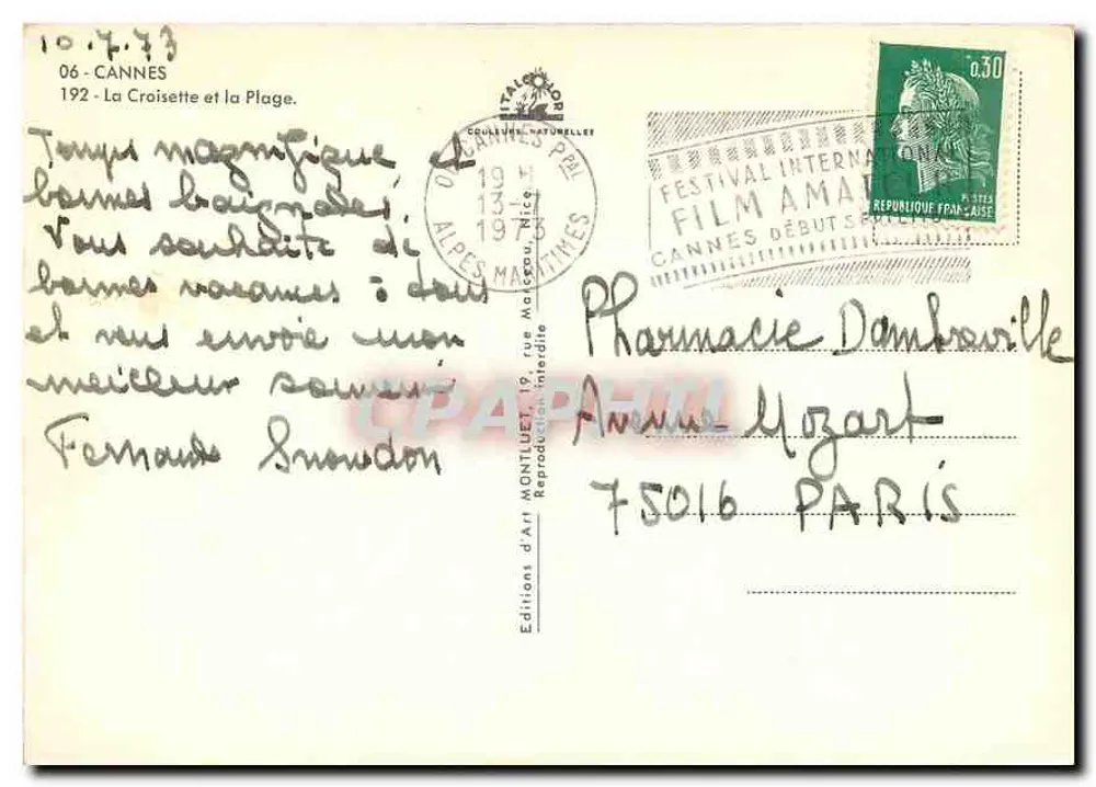 Cannes - A Croisette e a Praia — Edições d'Art Montulet, n°192 - Verso