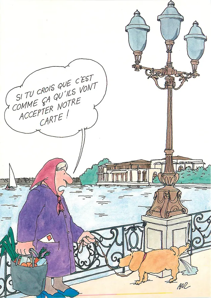 Mulher com cachorro na margem — caricatura — J. Buzelin, n° 1321 - Frente