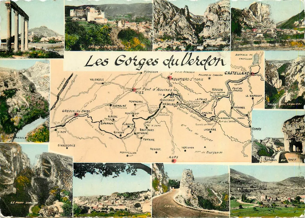 As Gorges do Verdon — Cartão postal panorâmico com mapa rodoviário — Editor: Cie des Arts Photomécaniques, n° 1752 - Frente