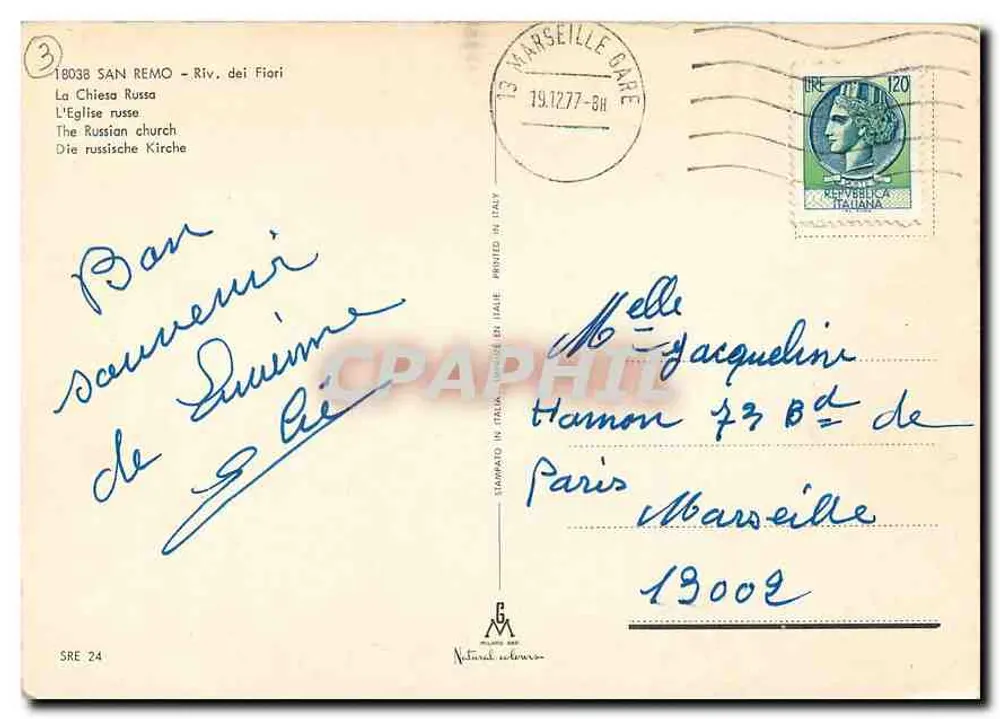 San Remo - Russische Kirche — Verlag SRE 24 - Rückseite