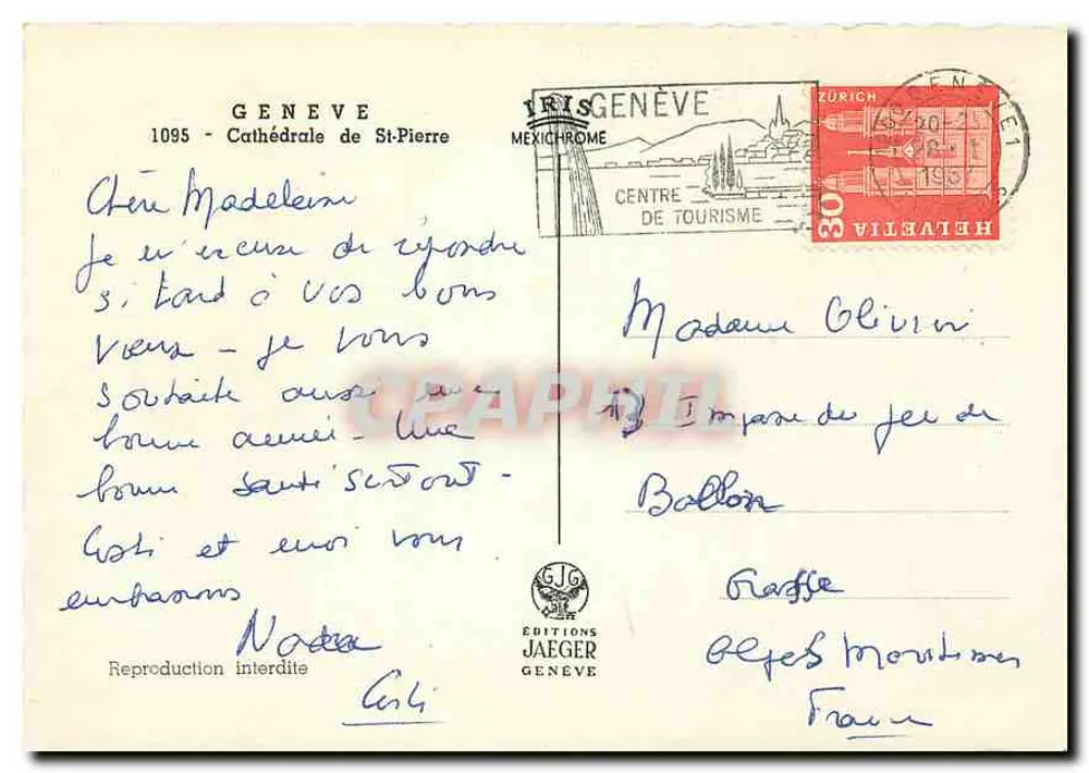 Genebra - Catedral de São Pedro — Edições Jaeger, n°1095 - Verso