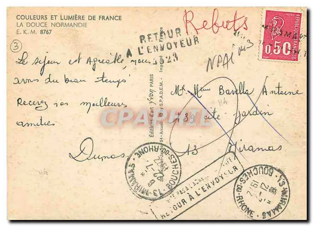 Zärtliche Normandie — Landschaft mit Holzhaus-Farm und Kühen — Éditions d'Art Yvon, n°3 - Rückseite