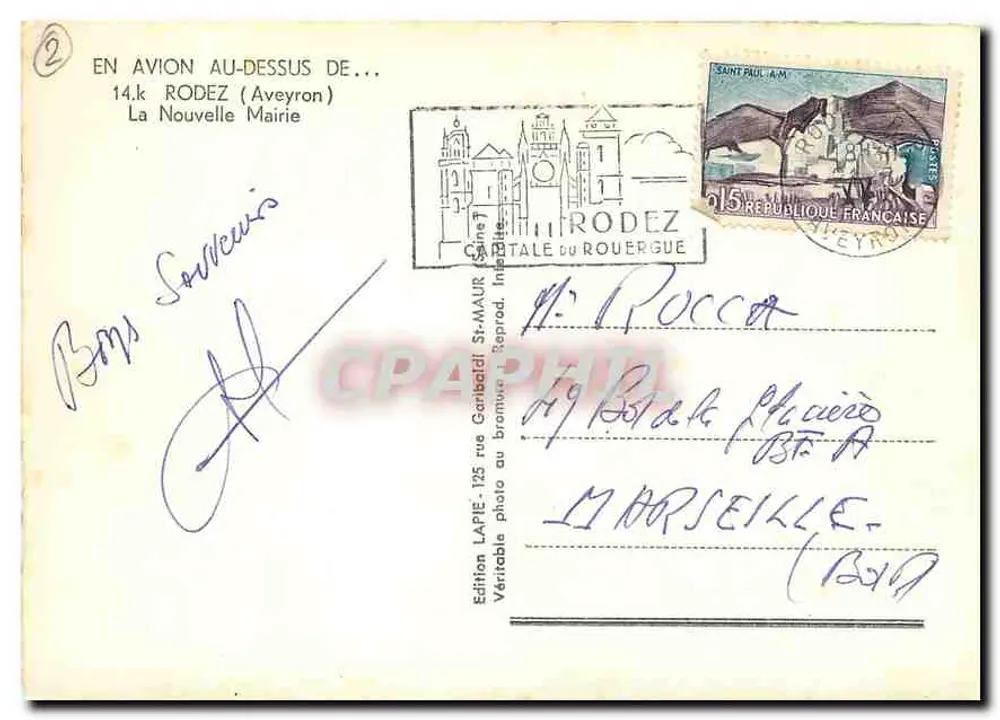 Rodez — Luftbild der Stadt und Kathedrale — Edition LAPE - 125 rue Garibaldi, Rodez - Rückseite