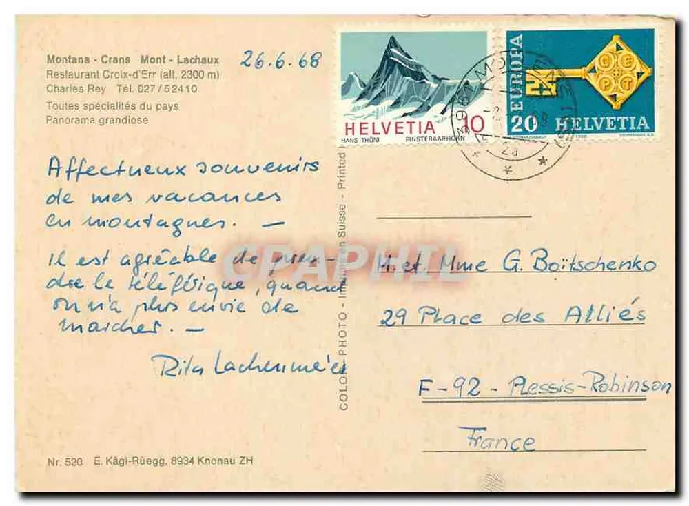 Panoramablick auf den Seilbahn der Chamonix — Mont Blanc und umliegende Gebirge — E. Kägi-Rüegg, Nr. 520 - Rückseite