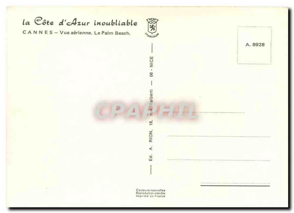 Cannes — Luftaufnahme. Palm Beach — Verlag A. Rion, Nr. A.8928 - Rückseite